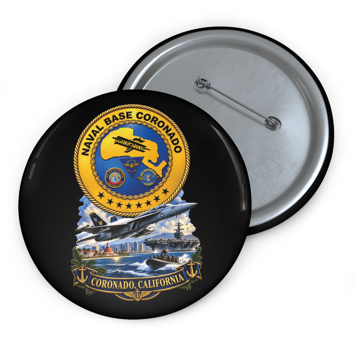 Pin Button - NAVY - Naval Base Coronado - Crest w Scene - Coronado California - 3D - Enhanced