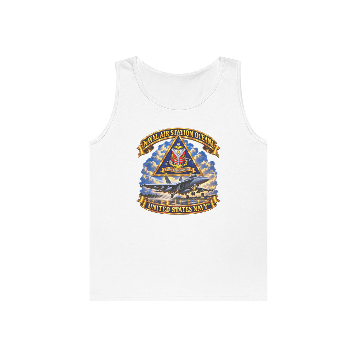Unisex Heavy Cotton Tank Top - Navy - Naval Air Station Oceana - Crest with Aircraft - United States Navy - 3D - Enhanced