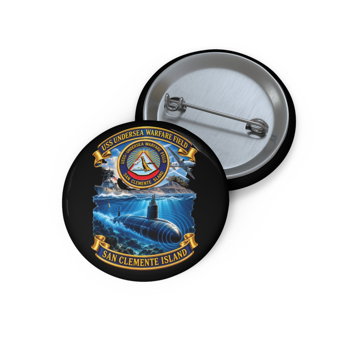 Pin Button - NAVY - USS Undersea Warfare Field - San Clemente Island - Crest - w scene - 3D - Enhanced
