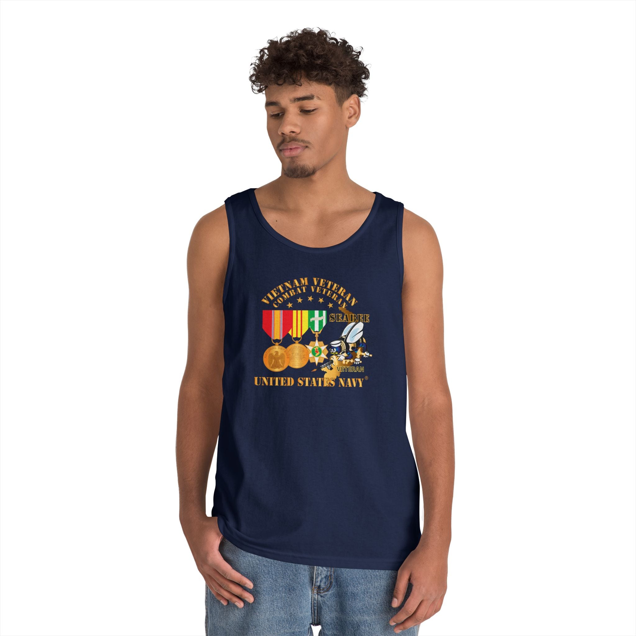Unisex Heavy Cotton Tank Top - Navy - Vietnam  Veteran - w Medals - VN - Seabee