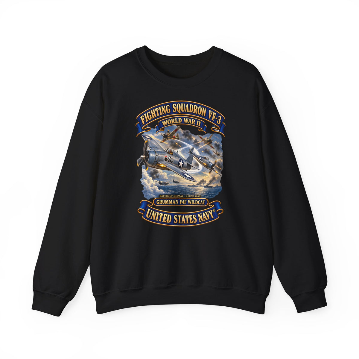Unisex Heavy Blend™ Crewneck Sweatshirt -  Navy - Fighting Squadron - VF 3 - WWII - Grumman F4F Wildcats - Japanese Zeros - Battle of Midway - 3D - Enhanced