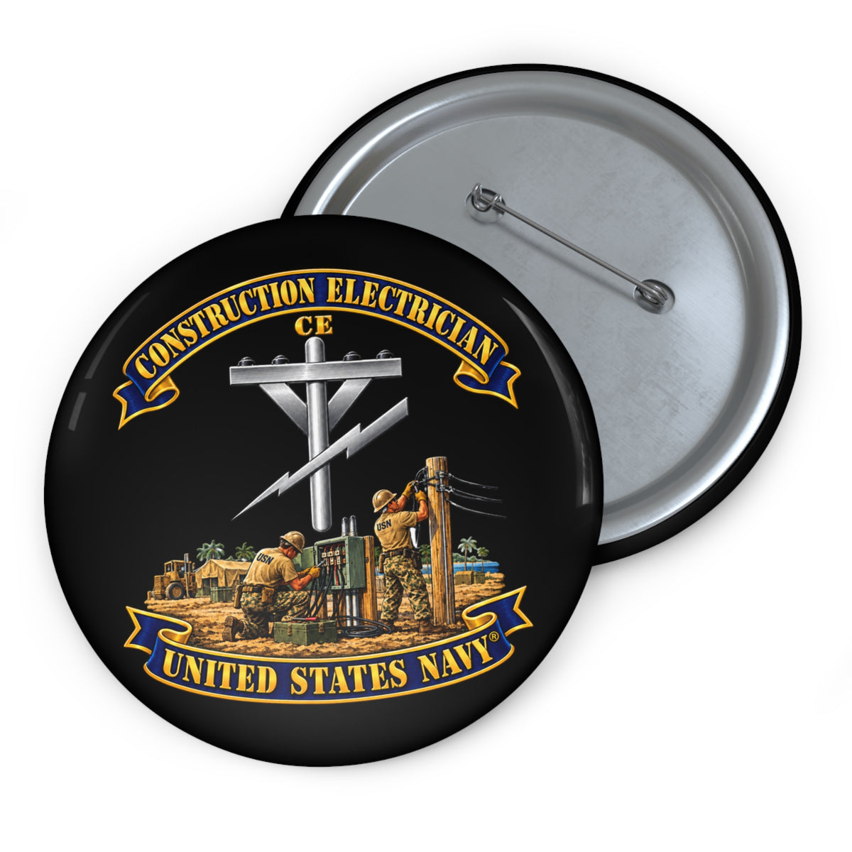 Pin Button - Navy - Rate - Construction Electrician (CE) with Scene - 3D - Enhanced