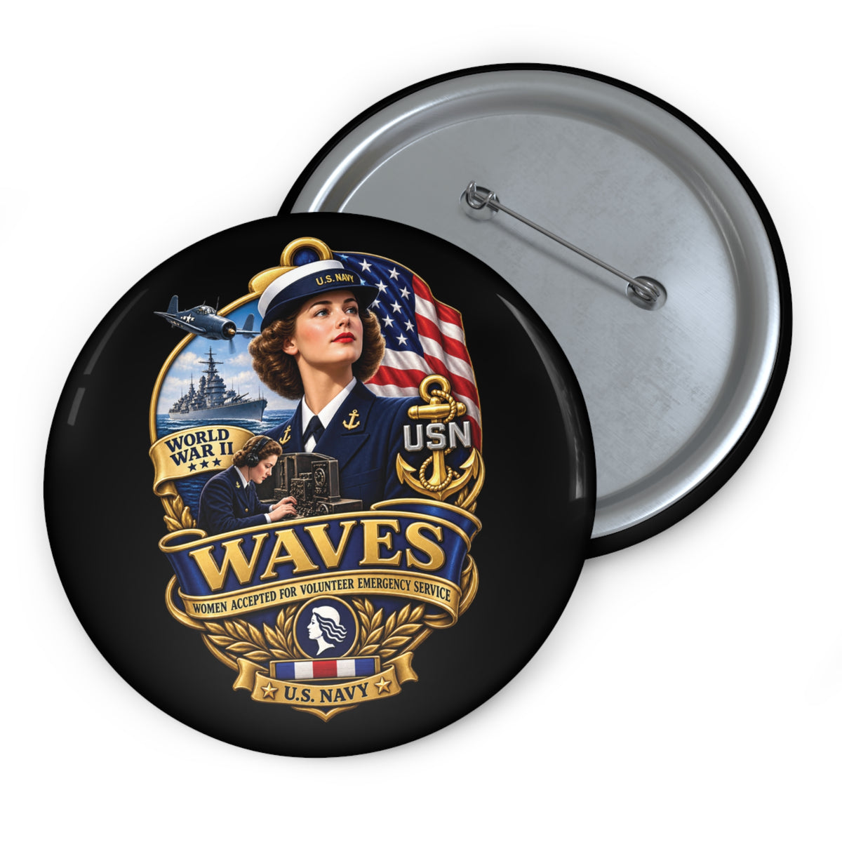 Pin Button - WAVES - Women Accepted for Volunteer Emergency Service WWII - 3D - Enhanced