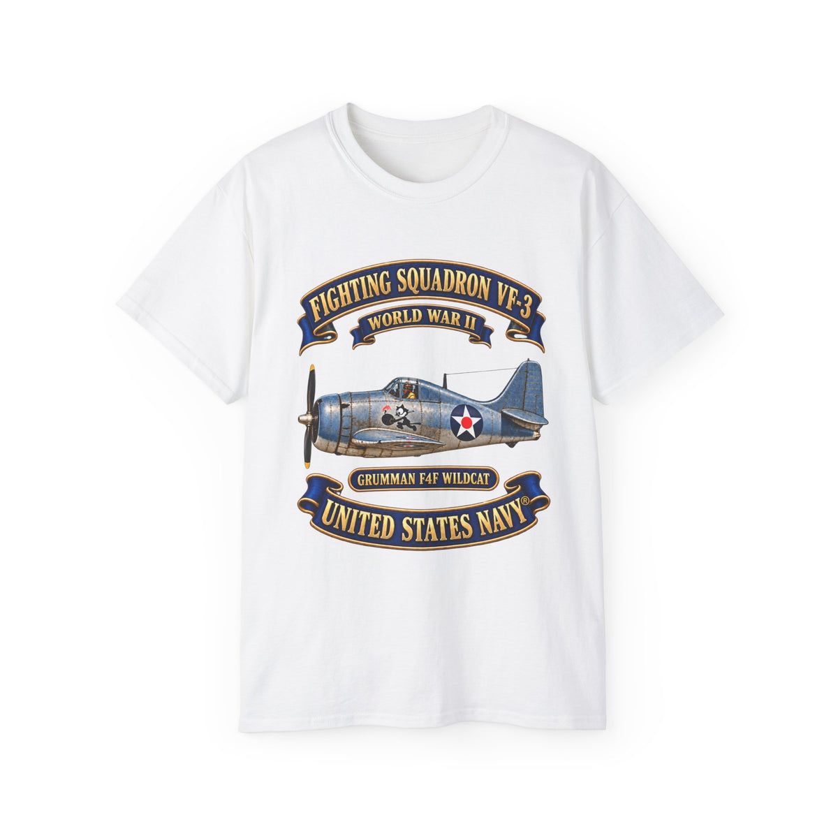 Unisex Ultra Cotton T-Shirt - NAVY - Fighting Squadron - VF 3 - WWII FELIX Insignia - Grumman F4F Wildcat - 3D - Enhanced
