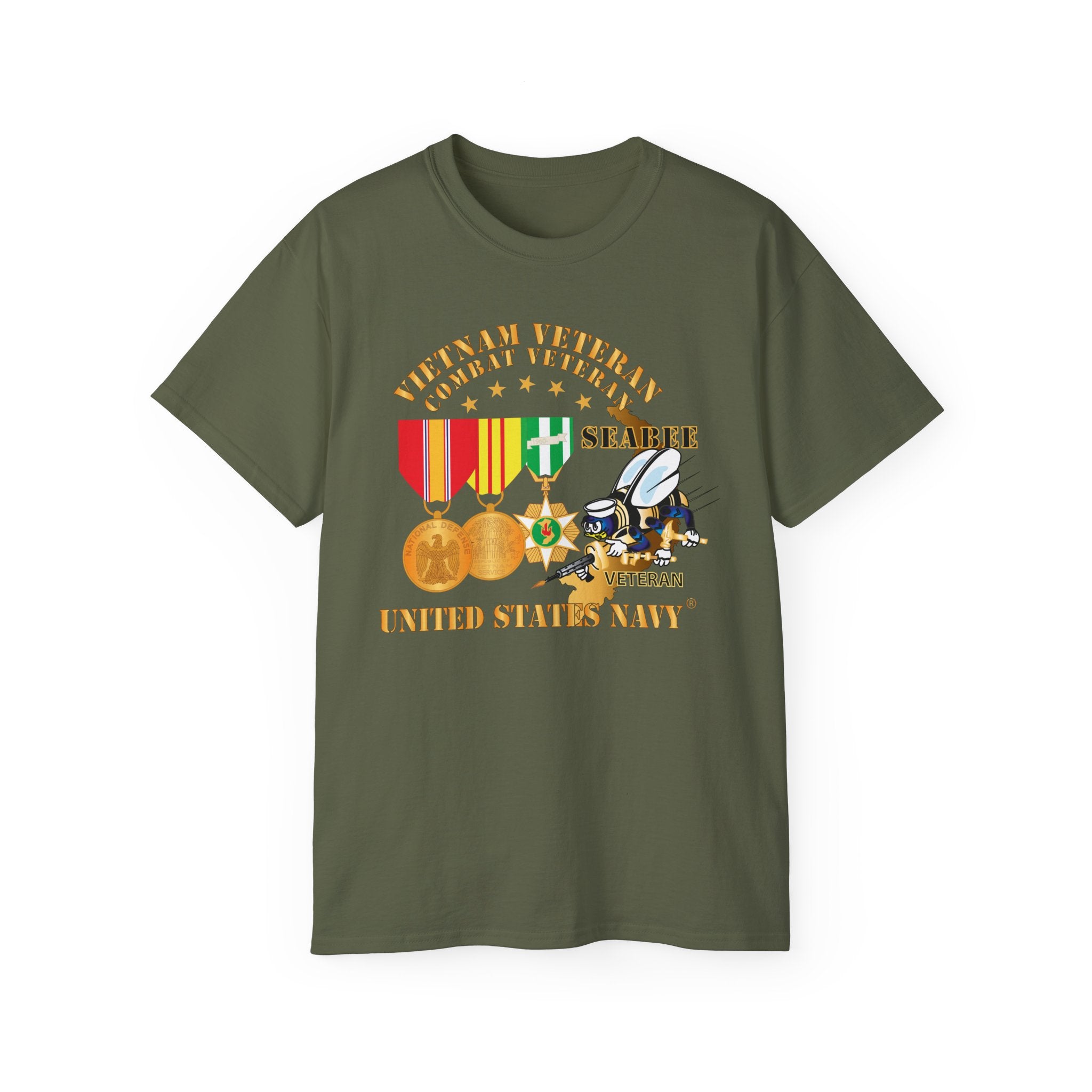 Unisex Ultra Cotton T-Shirt - Navy - Vietnam  Veteran - w Medals - VN - Seabee