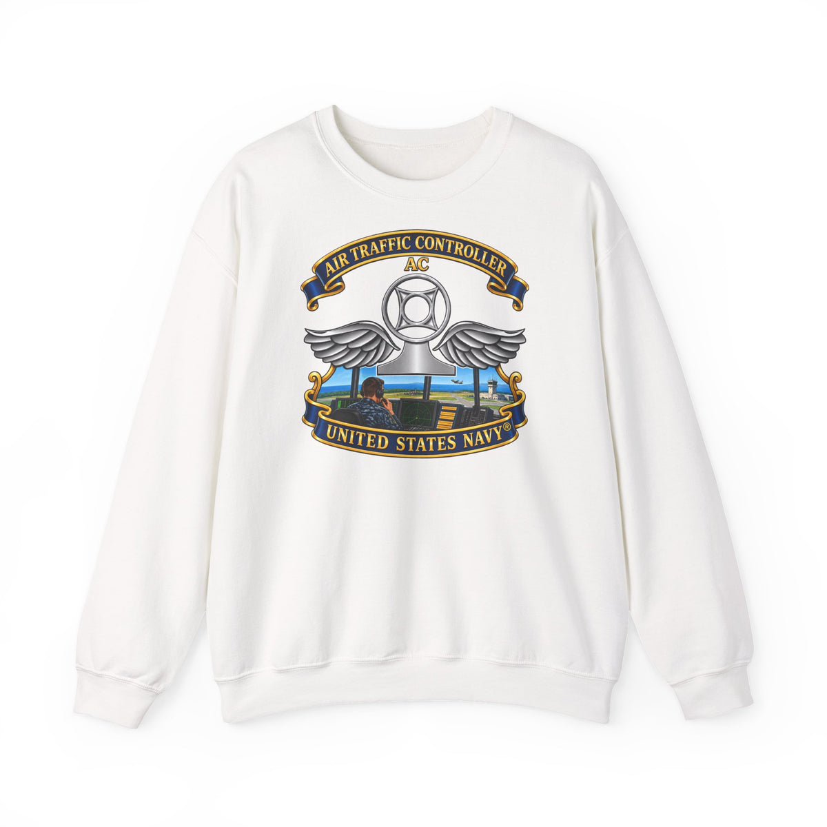 Unisex Heavy Blend™ Crewneck Sweatshirt -  Navy - Rate - Air Traffic Controller (AC) - with Scene - 3D - Enhanced