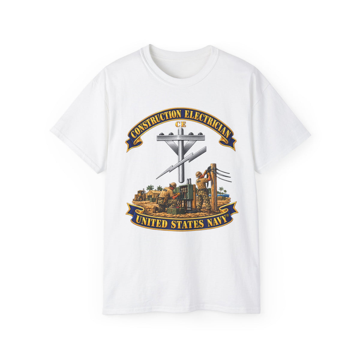 Unisex Ultra Cotton T-Shirt - Navy - Rate - Construction Electrician (CE) with Scene - 3D - Enhanced