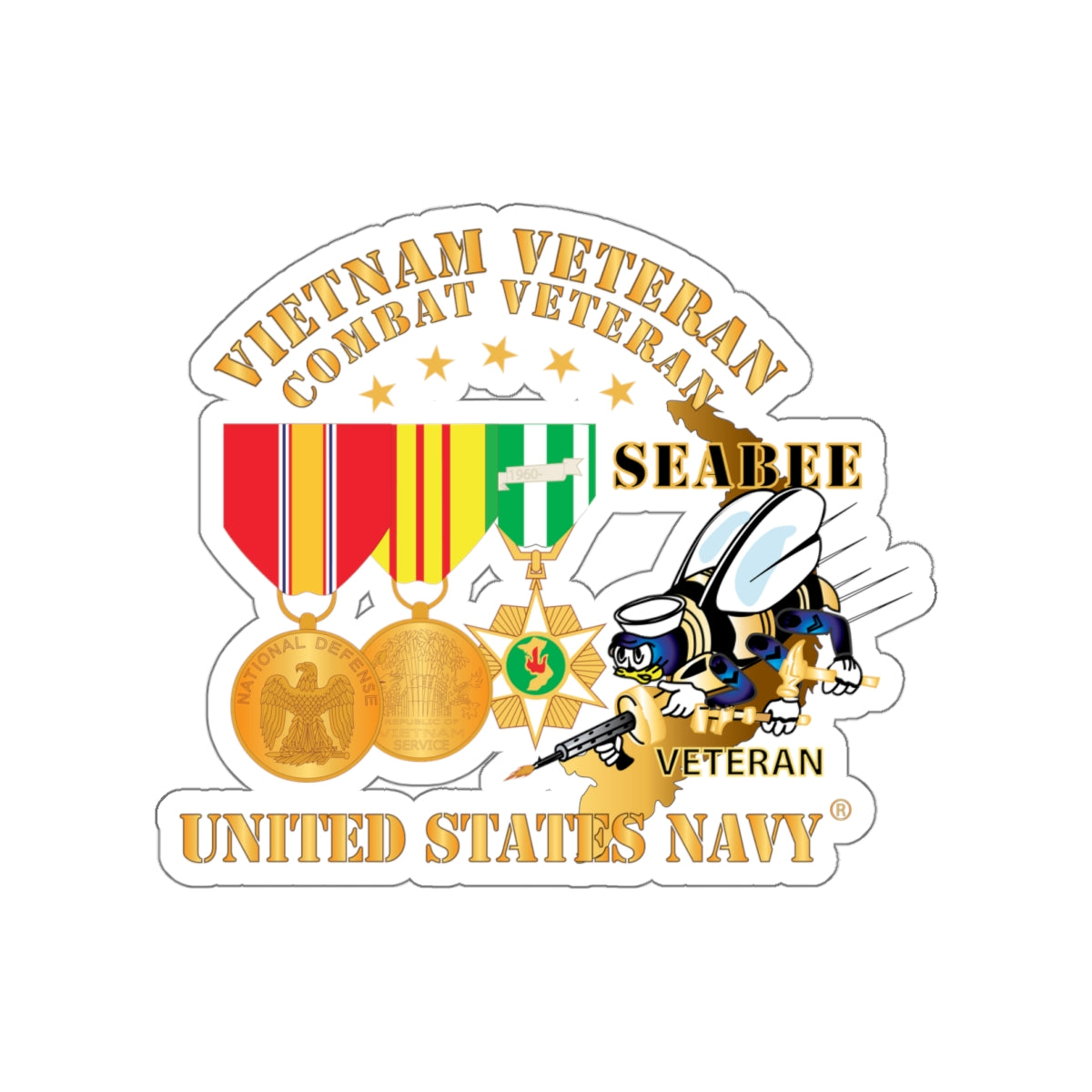 Die-Cut Vinyl Sticker - Navy - Vietnam  Veteran - w Medals - VN - Seabee