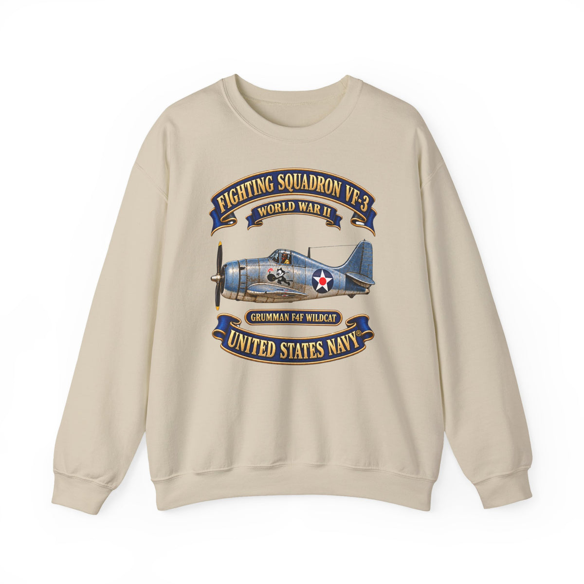 Unisex Heavy Blend™ Crewneck Sweatshirt -  NAVY - Fighting Squadron - VF 3 - WWII FELIX Insignia - Grumman F4F Wildcat - 3D - Enhanced