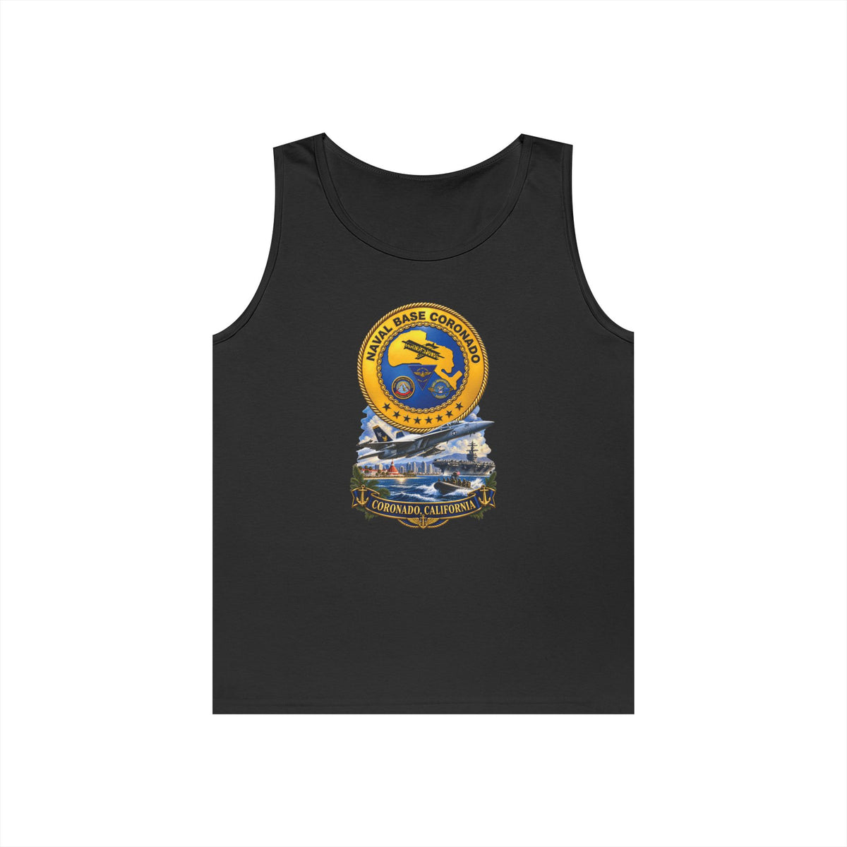 Unisex Heavy Cotton Tank Top - NAVY - Naval Base Coronado - Crest w Scene - Coronado California - 3D - Enhanced