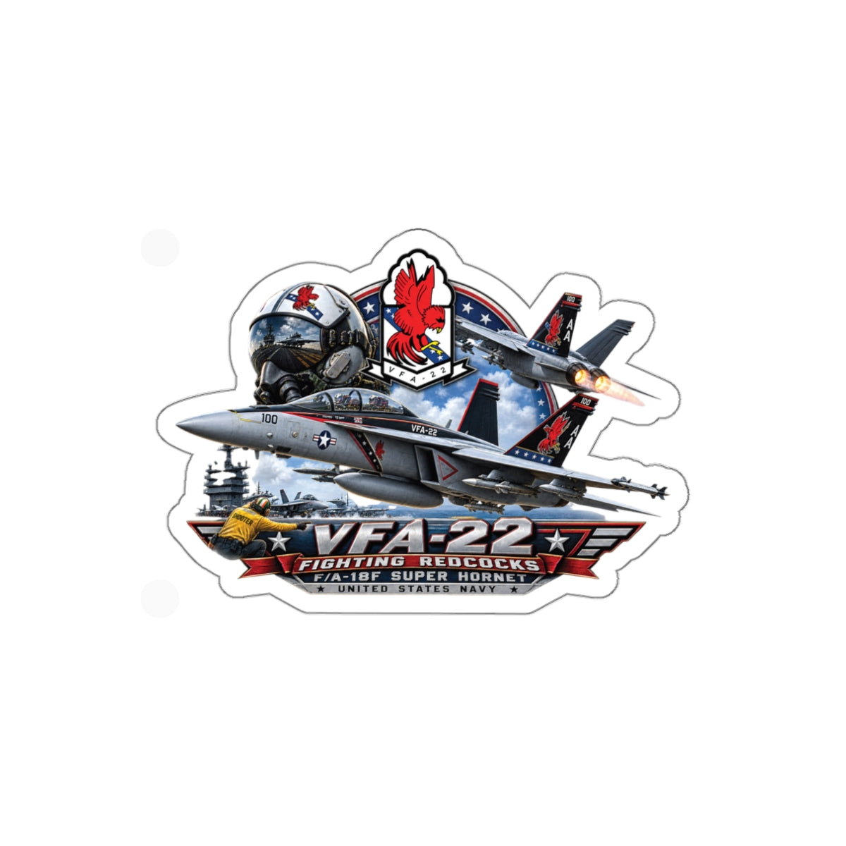 Die-Cut Vinyl Sticker - Strike Fighter Squadron 22nd - AC - Fighting Redcocks - 3D - Enhanced