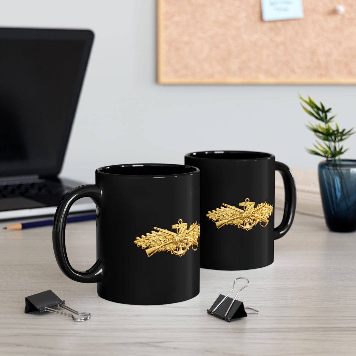 Black Mug (11oz, 15oz) - Navy - Badge - Seabee combat warfare specialist wo txt - Officer - 3D - Enhanced