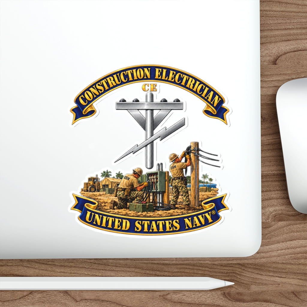 Die-Cut Vinyl Sticker - Navy - Rate - Construction Electrician (CE) with Scene - 3D - Enhanced