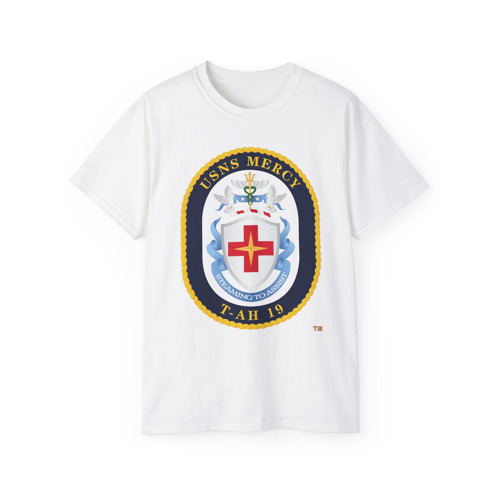 Unisex Ultra Cotton T-Shirt - Navy - USNS Mercy (T-AH-19) - Crest wo Txt