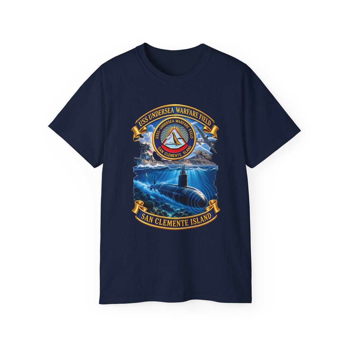 Unisex Ultra Cotton T-Shirt - NAVY - USS Undersea Warfare Field - San Clemente Island - Crest - w scene - 3D - Enhanced