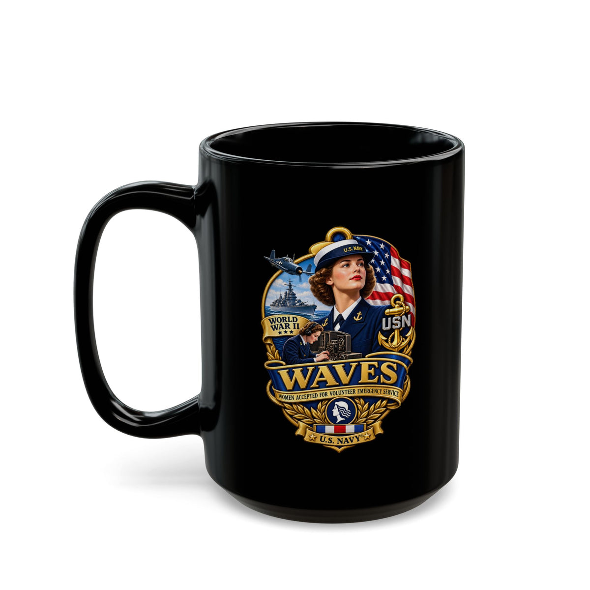 Black Mug (11oz, 15oz) - WAVES - Women Accepted for Volunteer Emergency Service WWII - 3D - Enhanced