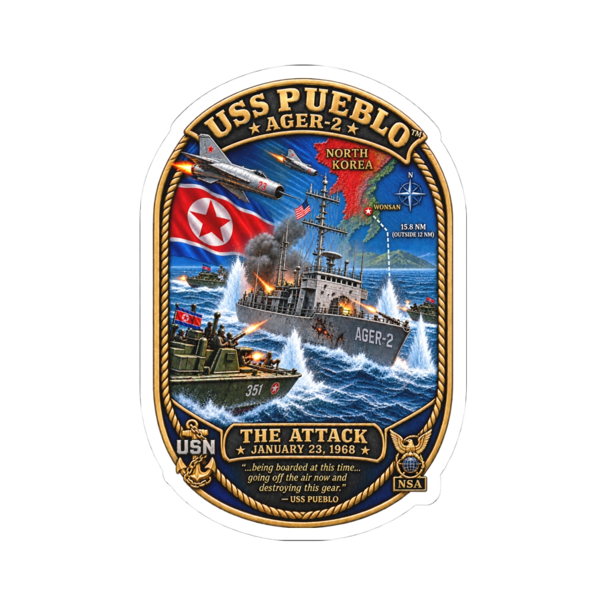 Kiss-Cut Stickers - Navy - USS Pueblo Attack-Defense Commemorative Patch - 3D - Enhanced