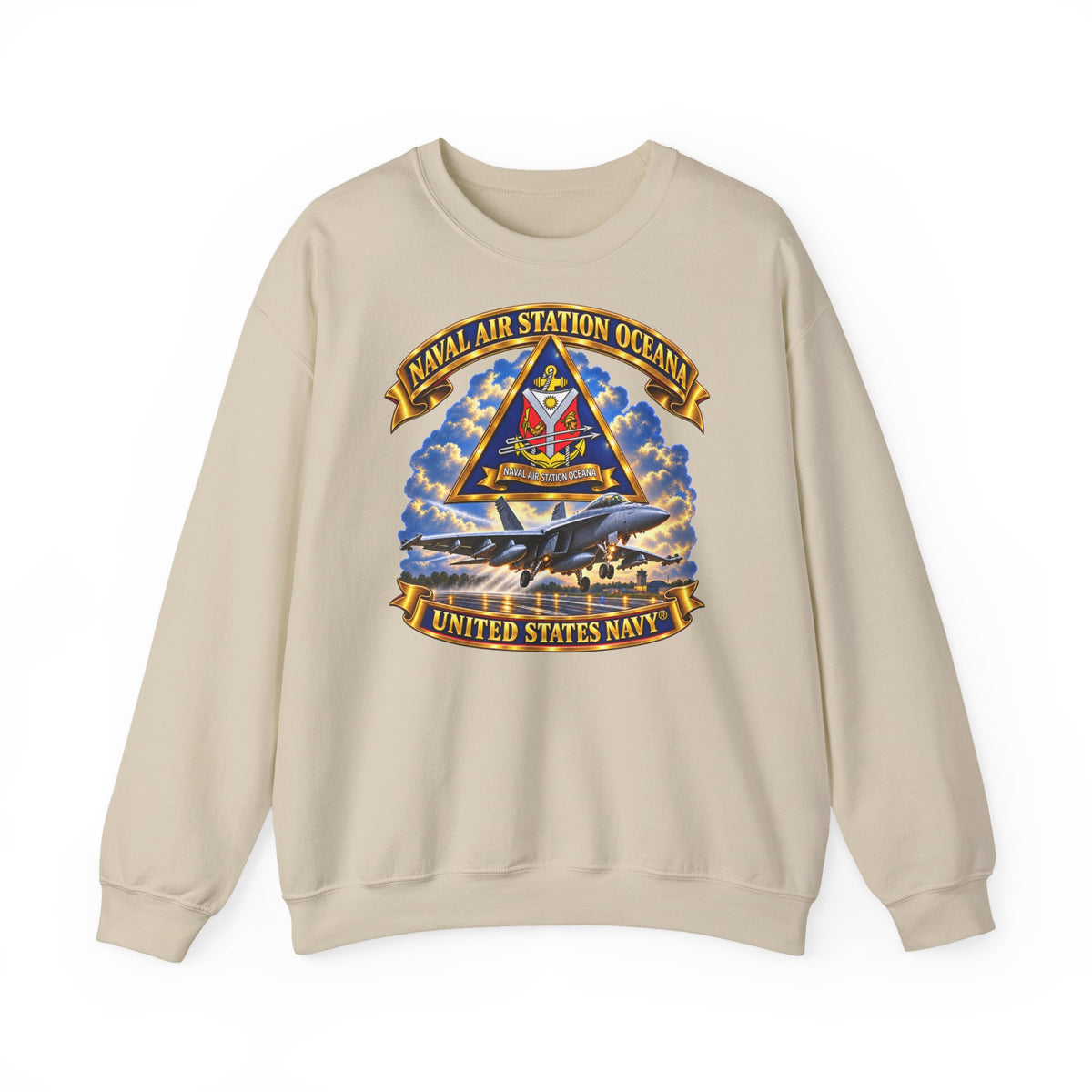 Unisex Heavy Blend™ Crewneck Sweatshirt -  Navy - Naval Air Station Oceana - Crest with Aircraft - United States Navy - 3D - Enhanced