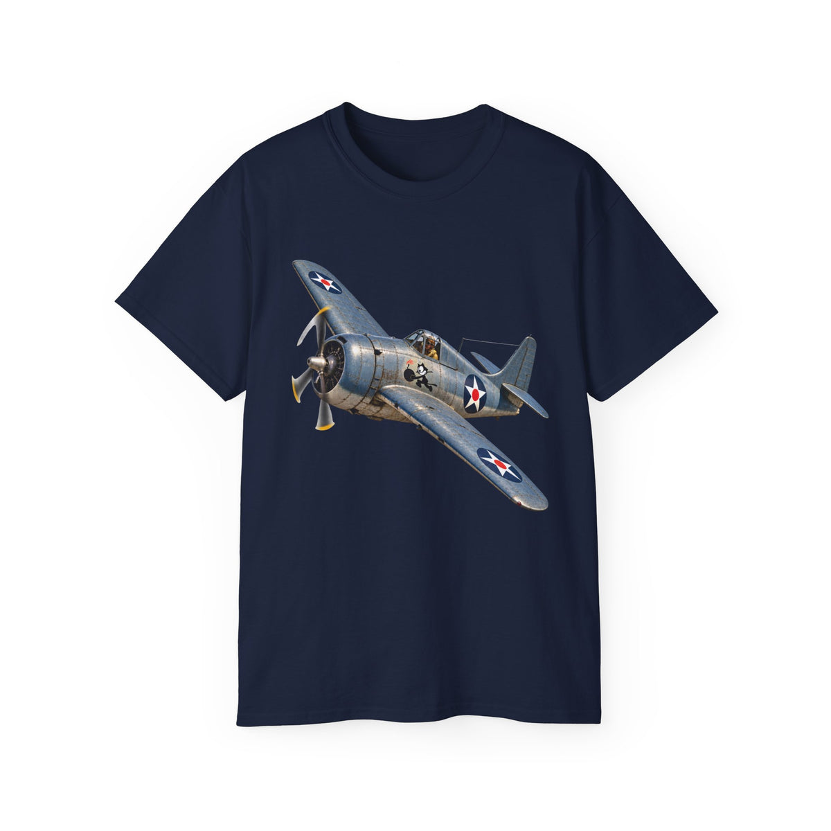 Unisex Ultra Cotton T-Shirt - NAVY - VF - 3 - Wildcat w FELIX WWI Insignia - 3D - Enhanced