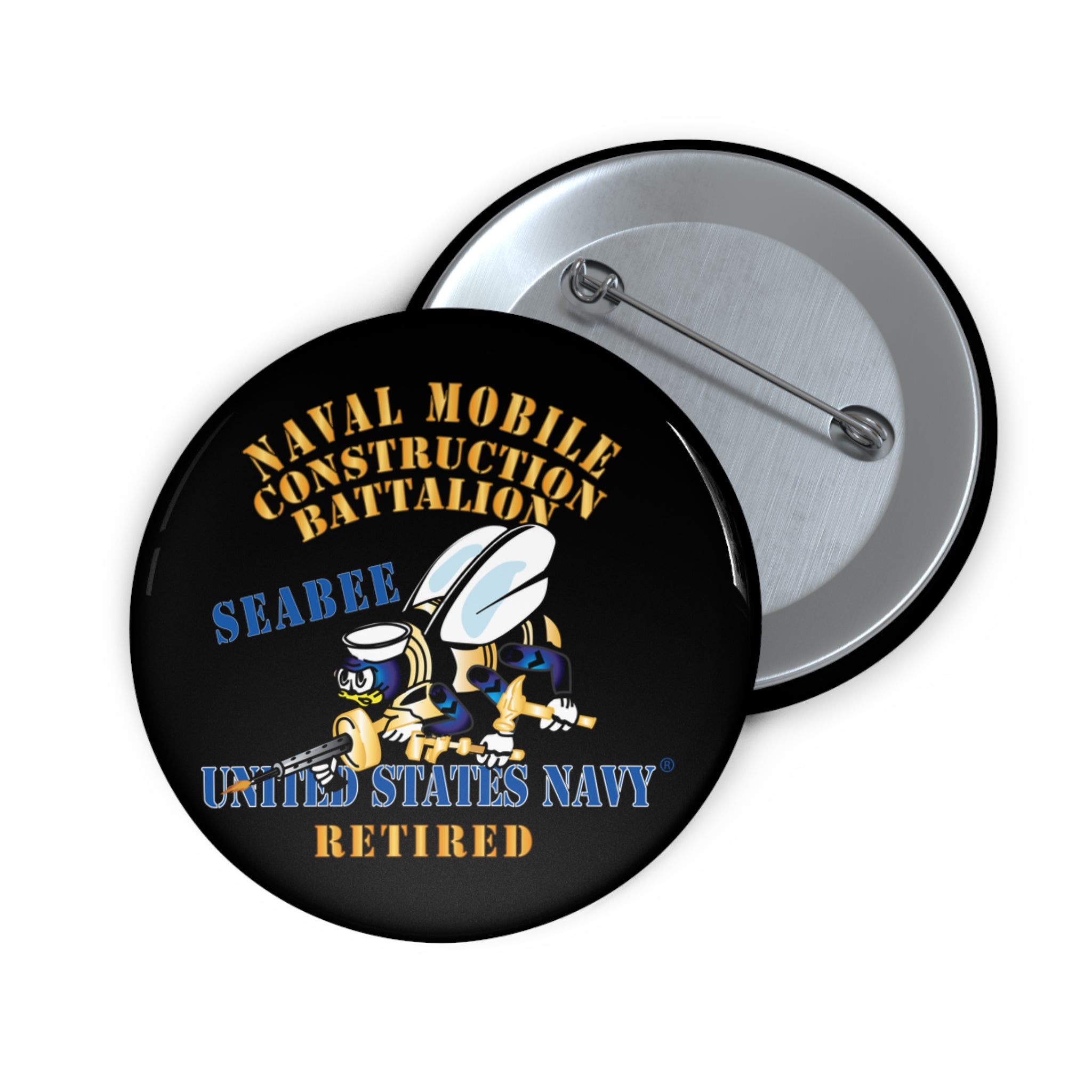 Custom Pin Button - Navy - Seabee - Retired