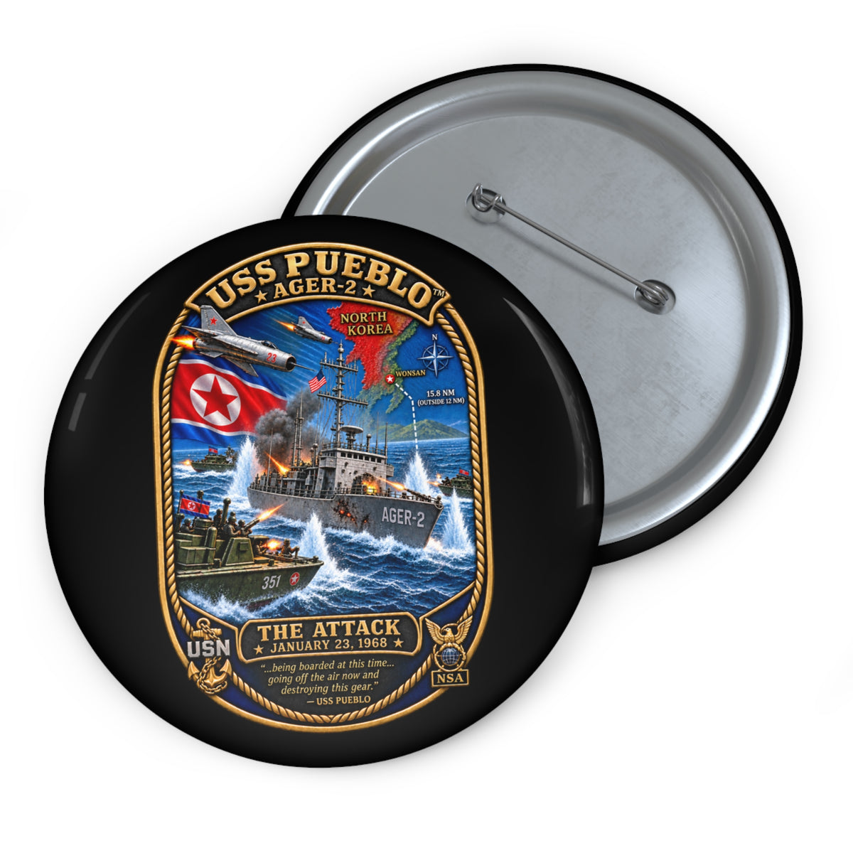 Pin Button - Navy - USS Pueblo Attack-Defense Commemorative Patch - 3D - Enhanced