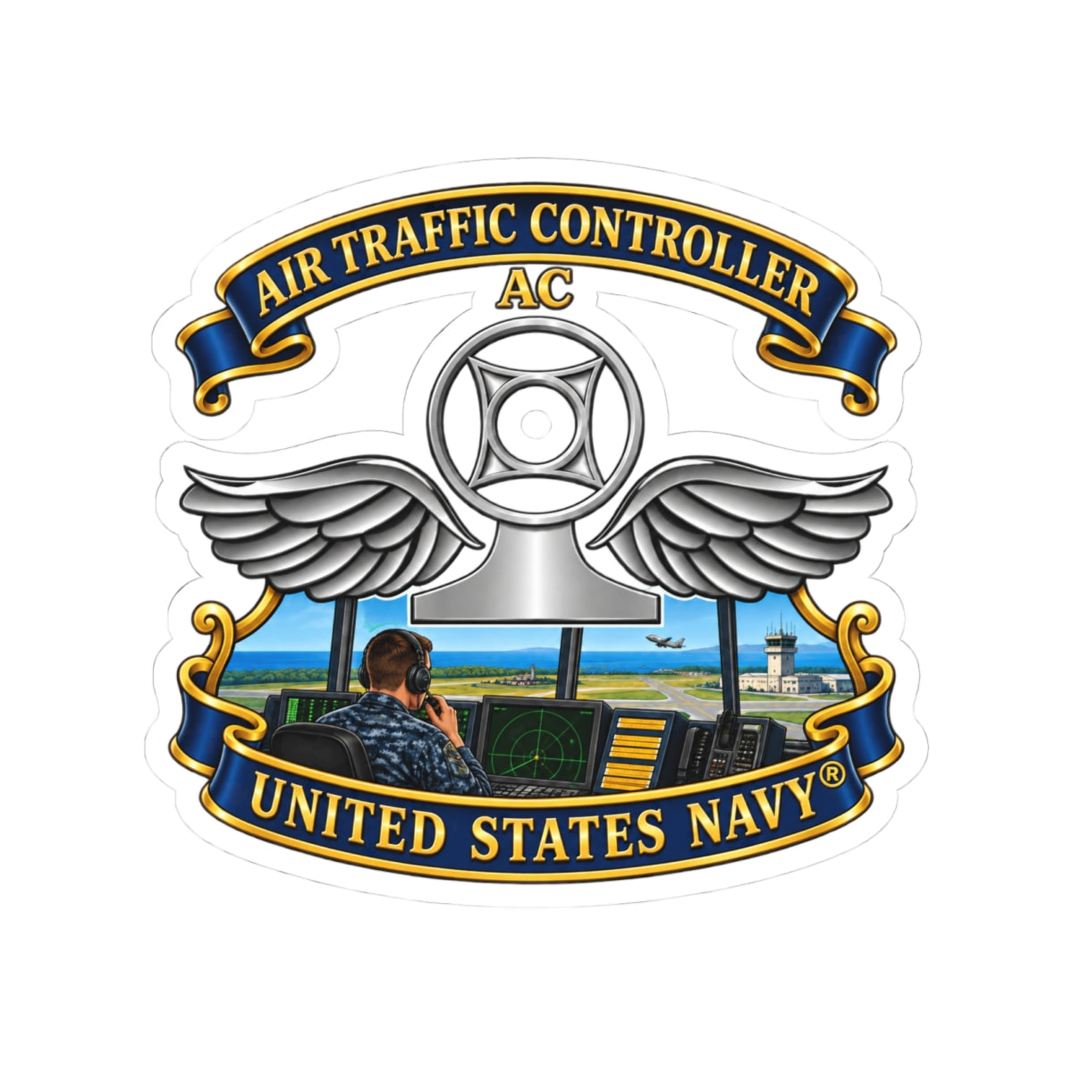 Kiss-Cut Stickers - Navy - Rate - Air Traffic Controller (AC) - with Scene - 3D - Enhanced