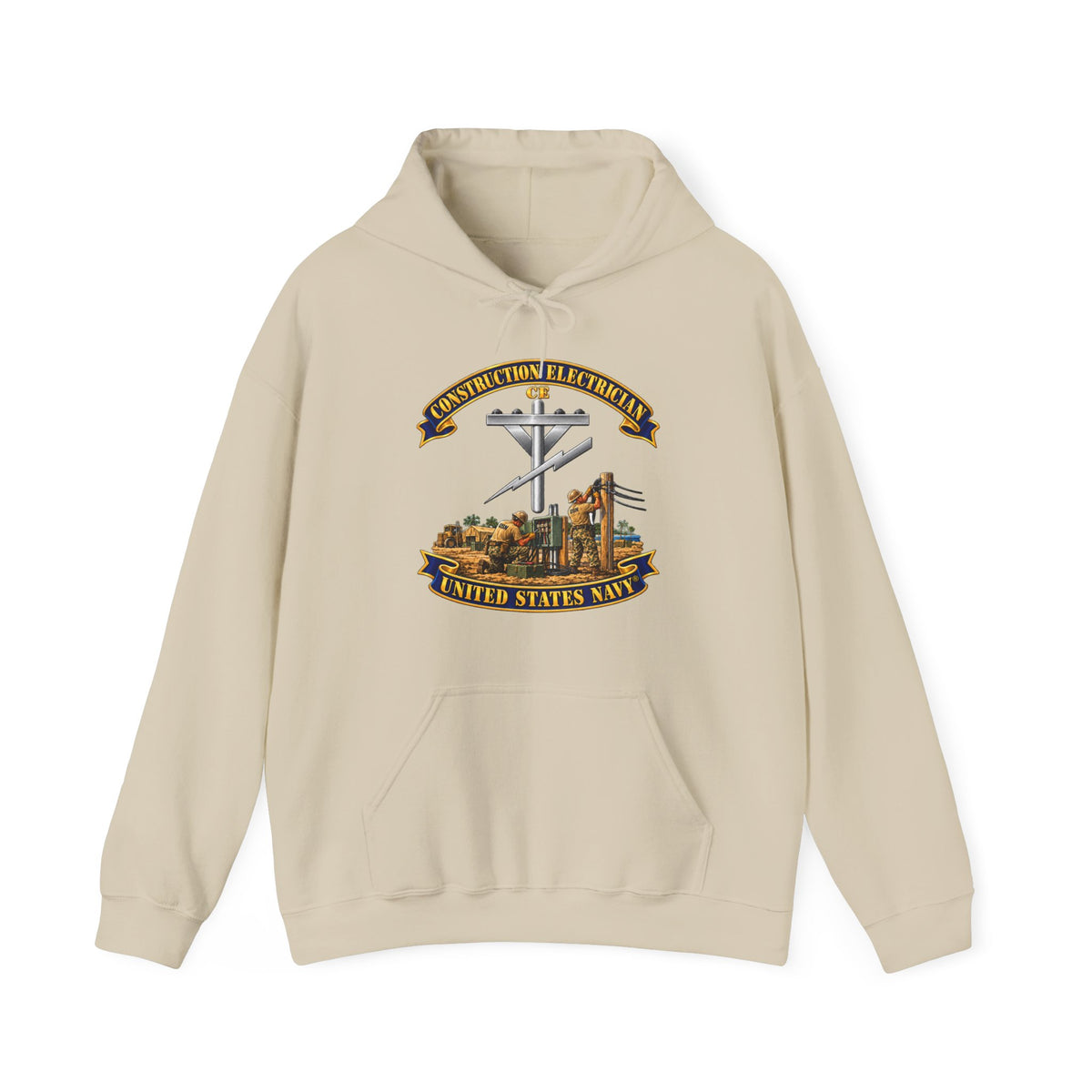 Unisex Heavy Blend™ Hoodies - Navy - Rate - Construction Electrician (CE) with Scene - 3D - Enhanced
