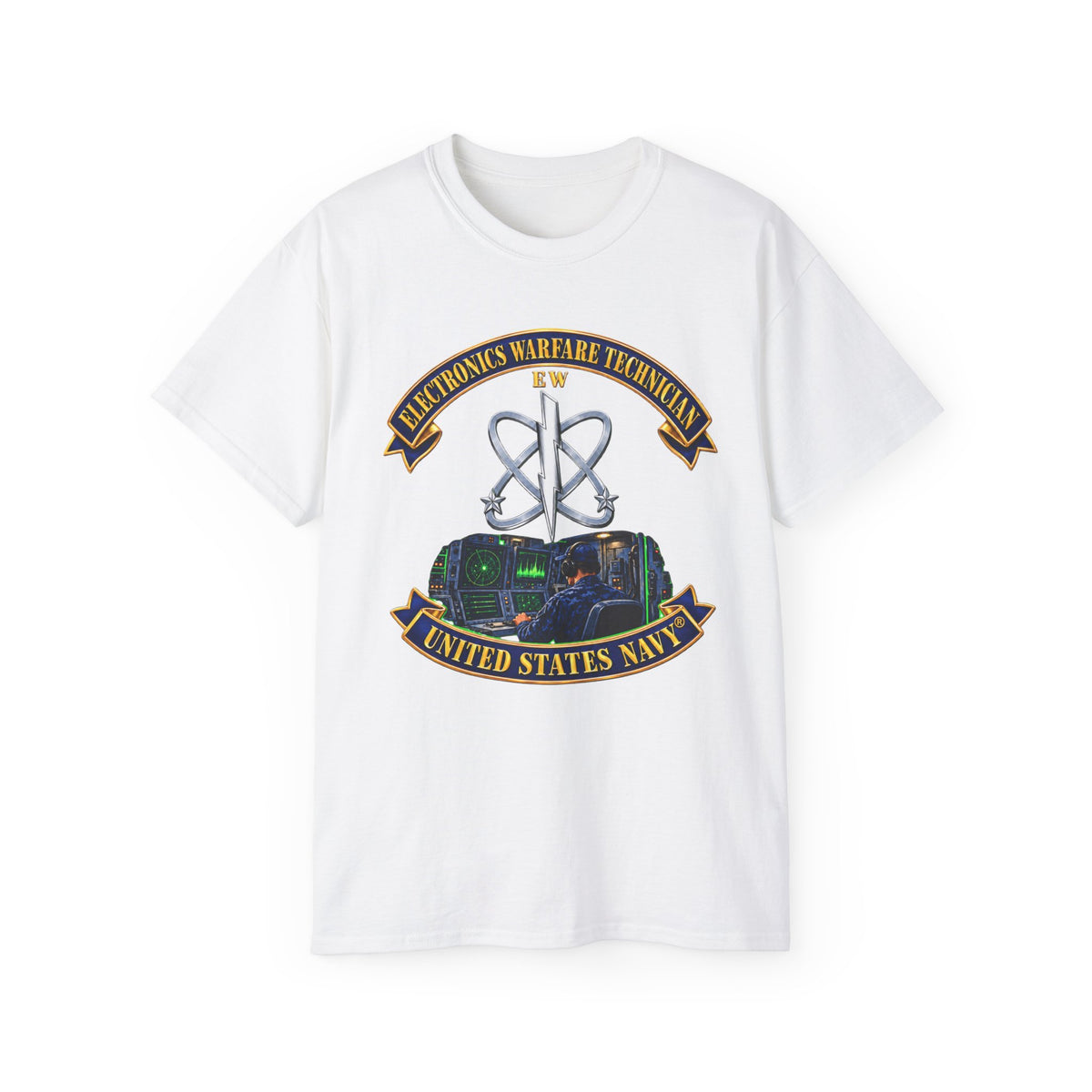 Unisex Ultra Cotton T-Shirt - Navy - Rate - Electronics Warfare Technician with Scene - 3D - Enhanced
