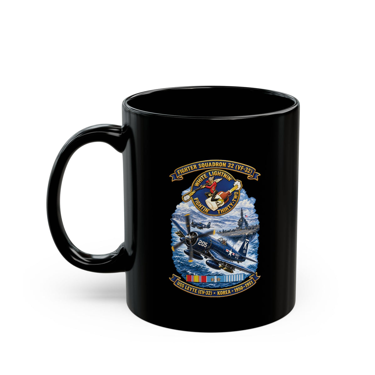 Black Mug (11oz, 15oz) - NAVY - VF 32  -White Lightnin - Fightin 32 - SSI - USS Leyte (CV32) - F4U-4 Corsair - Korea - 1950-1951- 3D - Enhanced