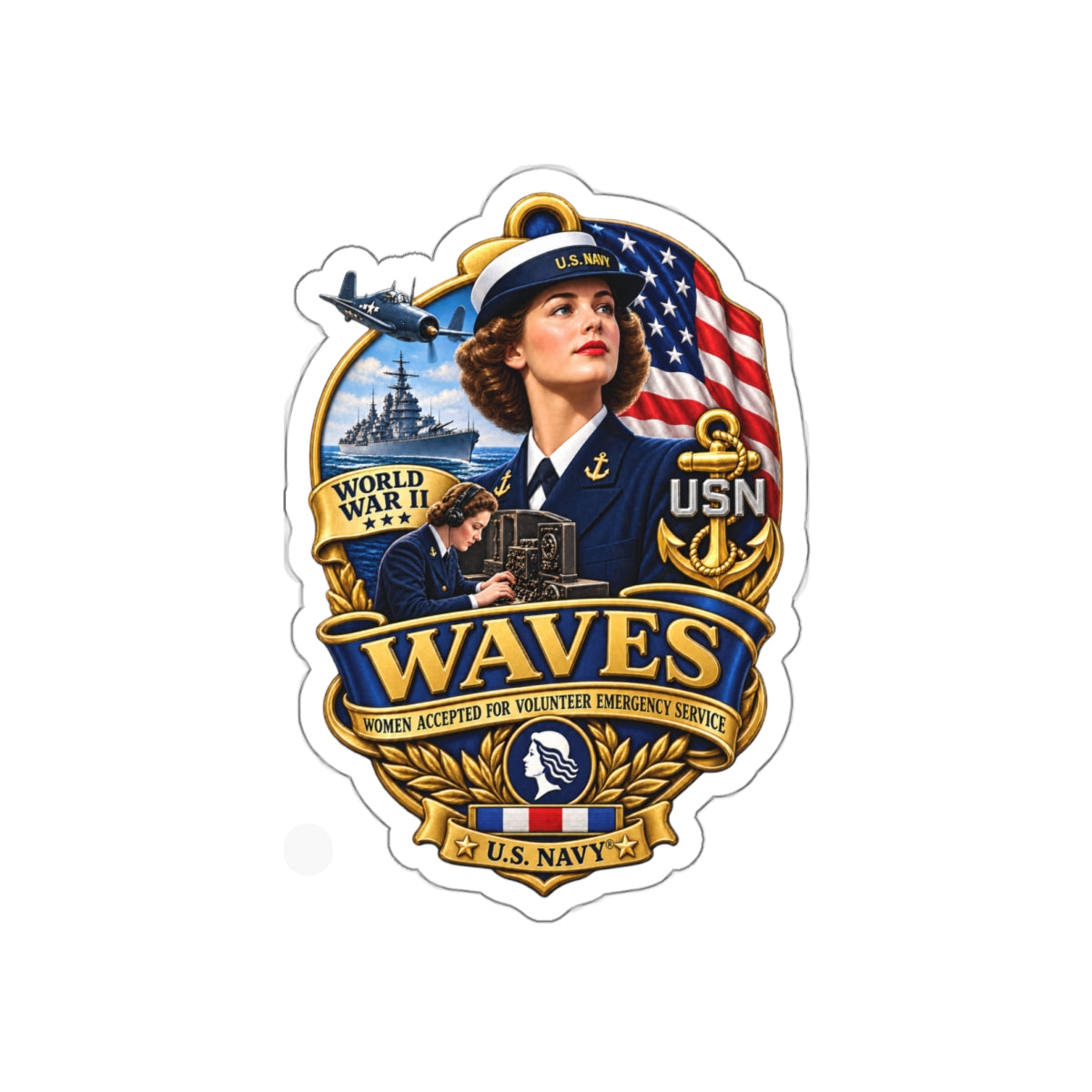 Die-Cut Vinyl Sticker - WAVES - Women Accepted for Volunteer Emergency Service WWII - 3D - Enhanced