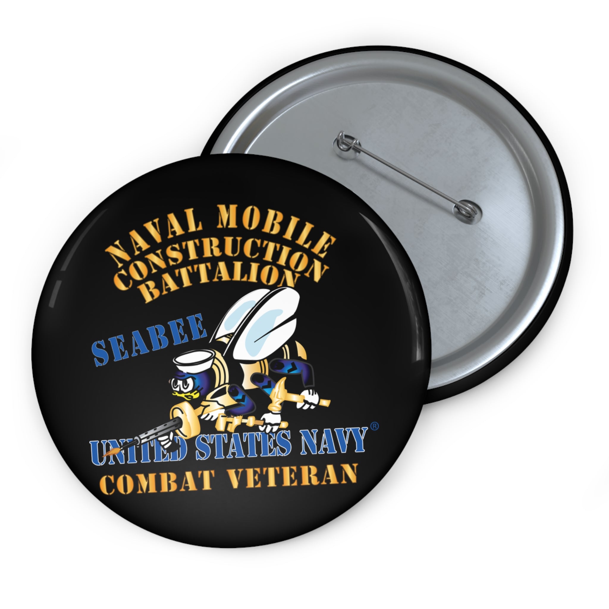 Custom Pin Button - Navy - Seabee - Combat Veteran