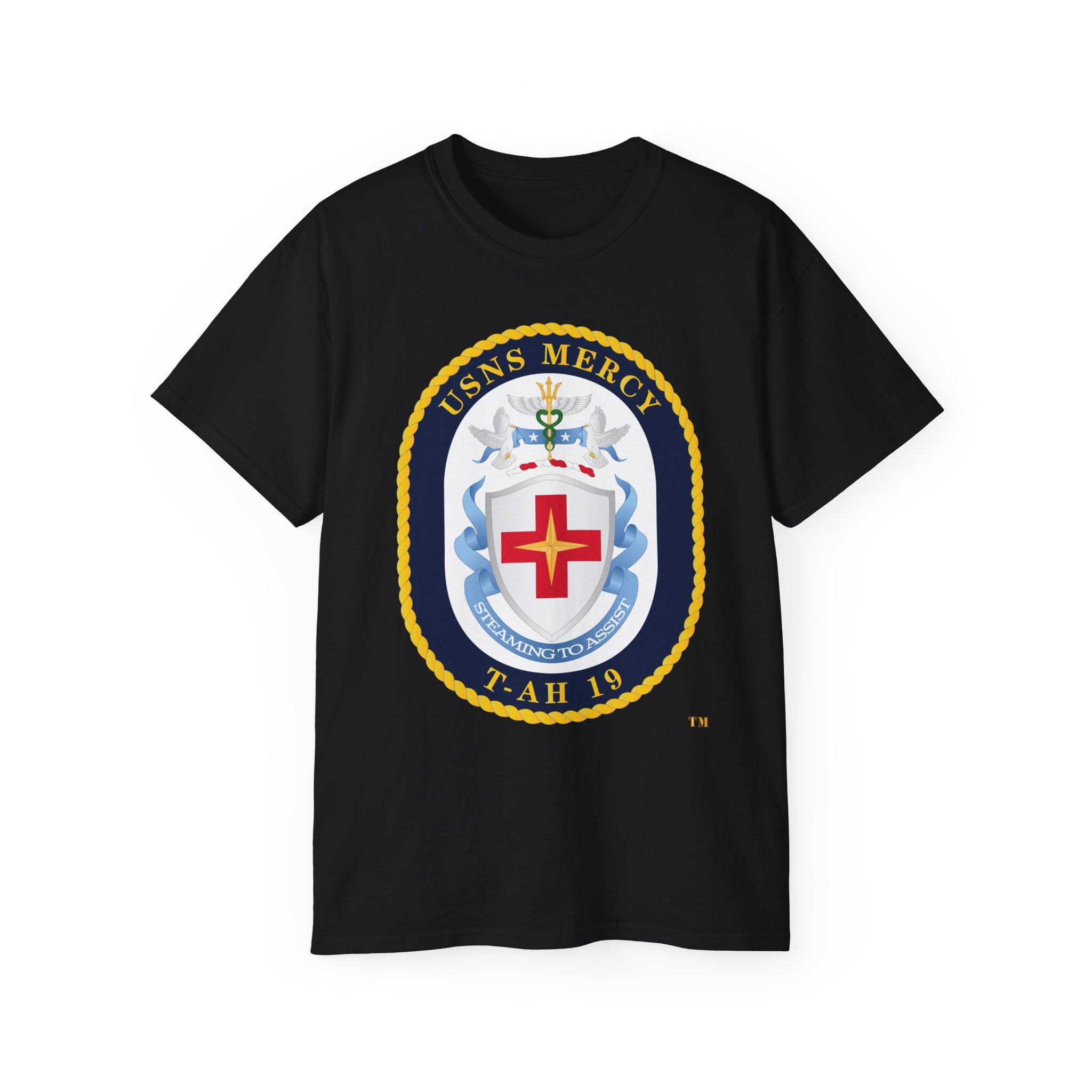 Unisex Ultra Cotton T-Shirt - Navy - USNS Mercy (T-AH-19) - Crest wo Txt