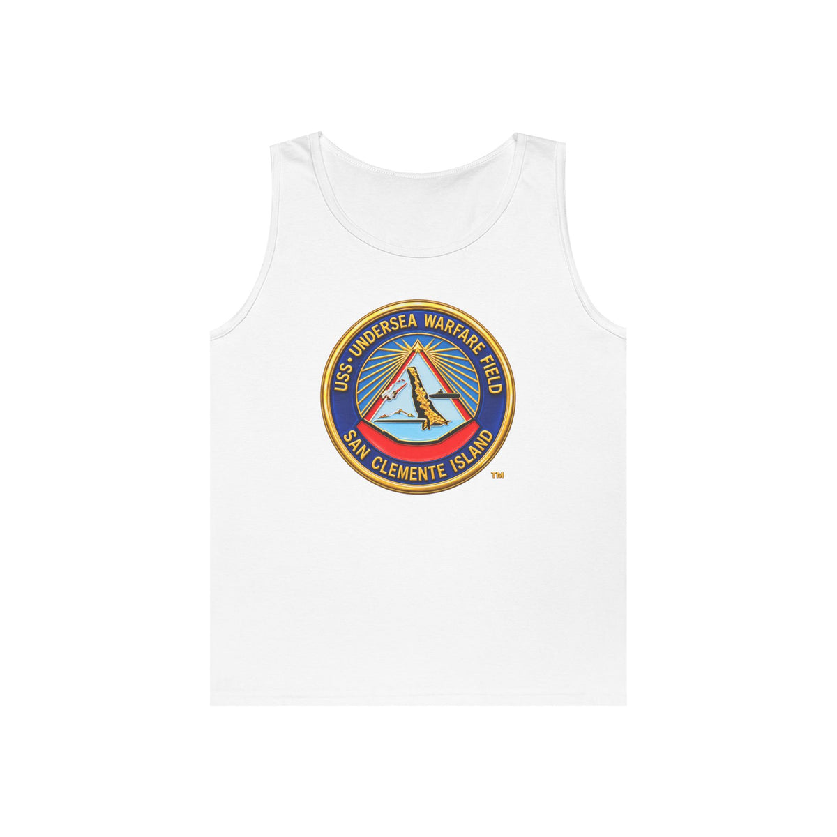 Unisex Heavy Cotton Tank Top - Navy - USS Undersea Warfare Field - San Clemente Island - Crest - 3D - Enhanced