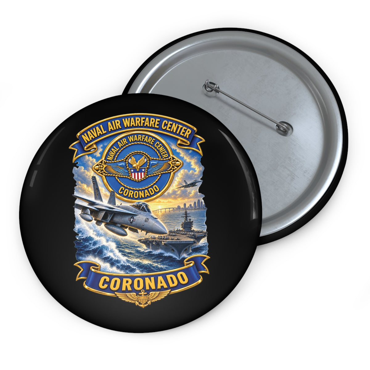 Pin Button - NAVY - Naval Air Warfare Center - Coronado - Crest - with Scene - 3D - Enhanced