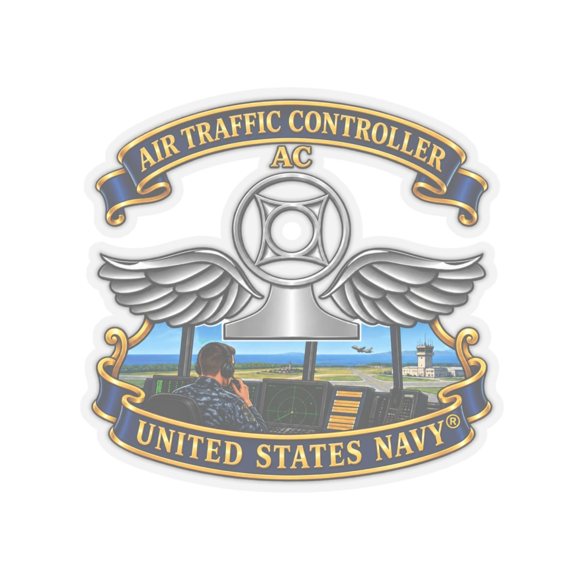 Kiss-Cut Stickers - Navy - Rate - Air Traffic Controller (AC) - with Scene - 3D - Enhanced