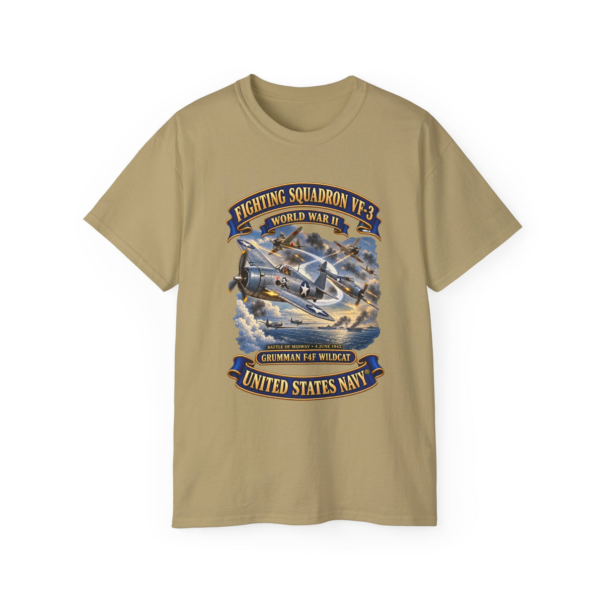 Unisex Ultra Cotton T-Shirt - Navy - Fighting Squadron - VF 3 - WWII - Grumman F4F Wildcats - Japanese Zeros - Battle of Midway - 3D - Enhanced