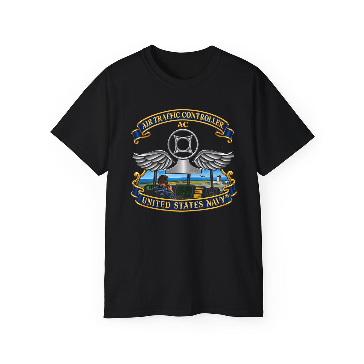 Unisex Ultra Cotton T-Shirt - Navy - Rate - Air Traffic Controller (AC) - with Scene - 3D - Enhanced
