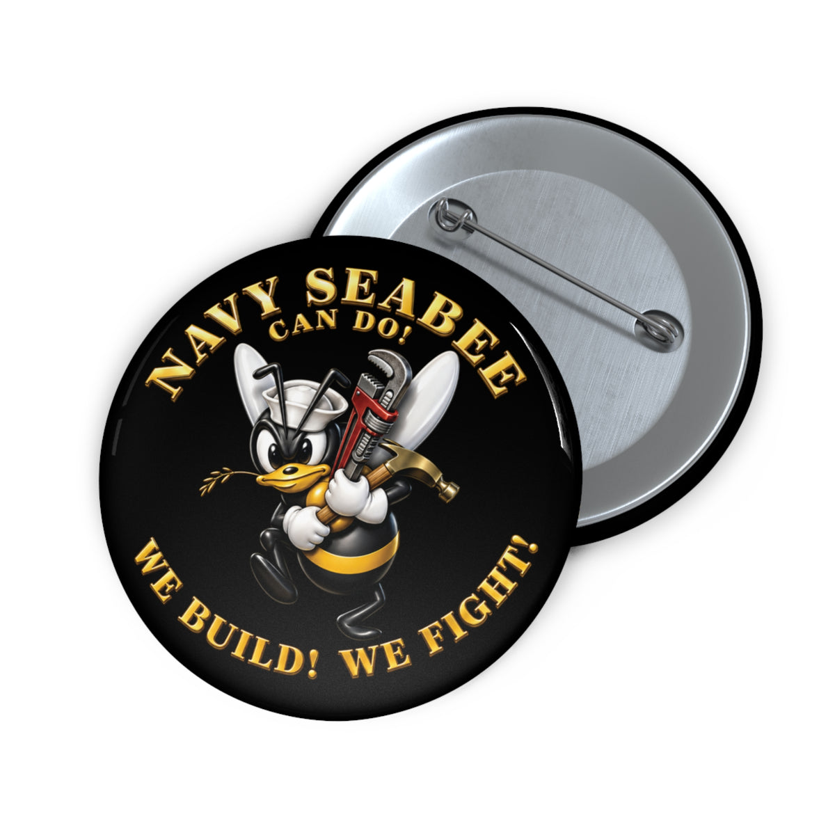 Custom Pin Button - Navy - Navy SeaBee - w Wrench and Hammer - 3D - Enhanced X 300