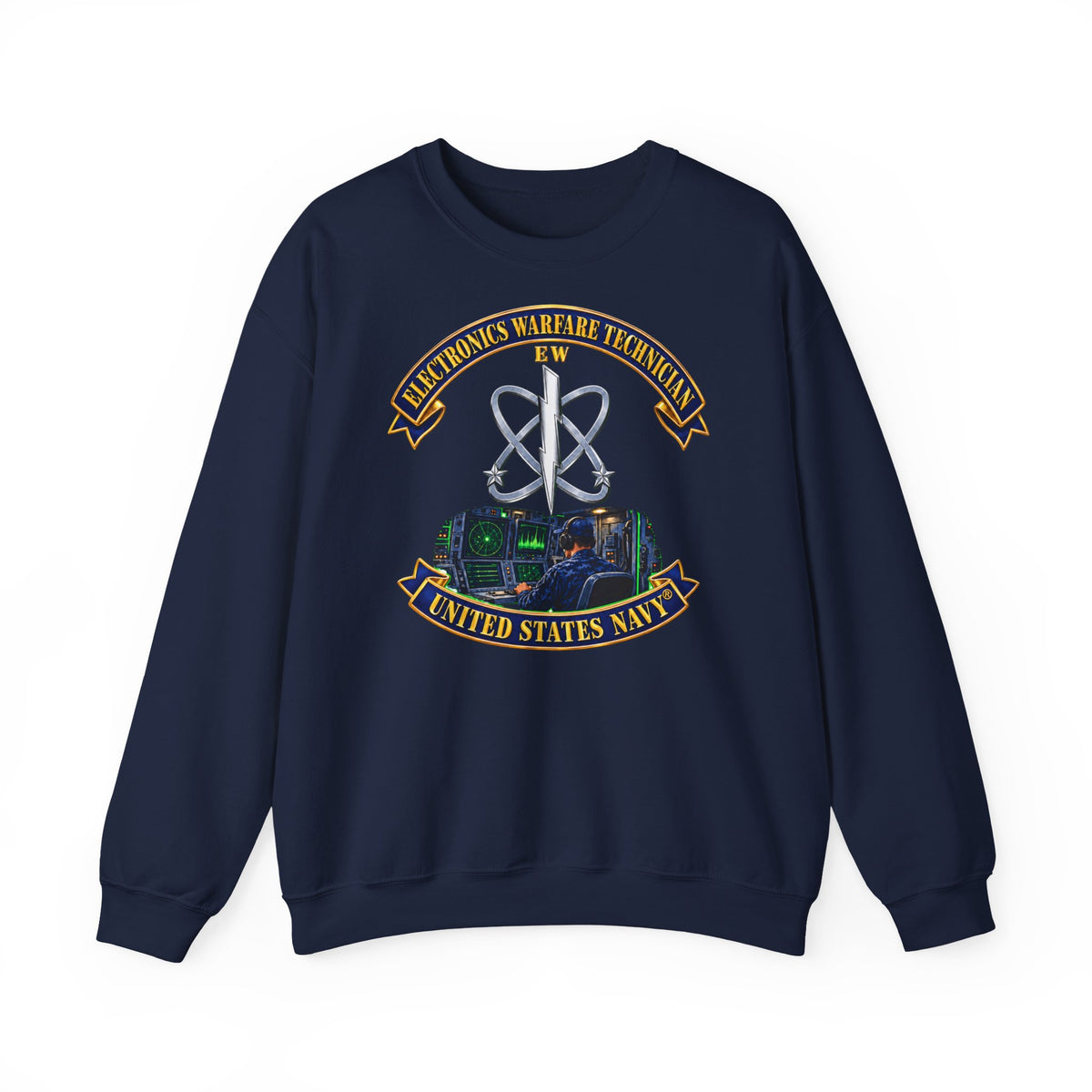 Unisex Heavy Blend™ Crewneck Sweatshirt -  Navy - Rate - Electronics Warfare Technician with Scene - 3D - Enhanced