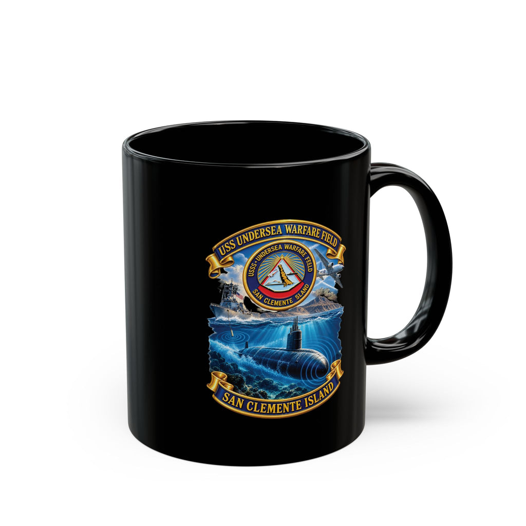 Black Mug (11oz, 15oz) - NAVY - USS Undersea Warfare Field - San Clemente Island - Crest - w scene - 3D - Enhanced