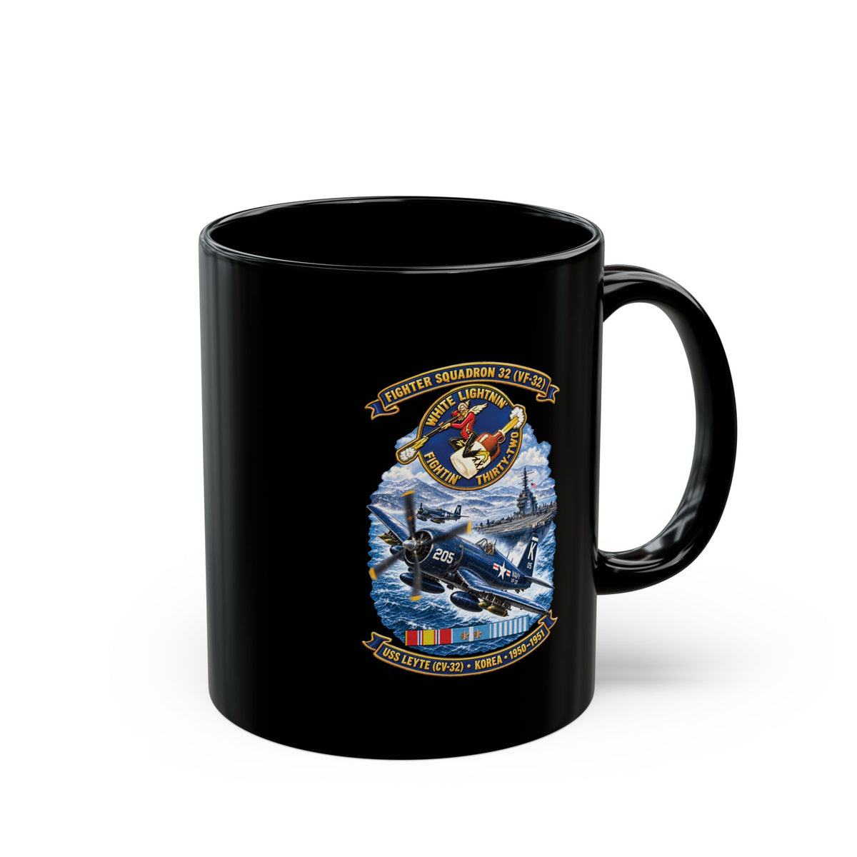 Black Mug (11oz, 15oz) - NAVY - VF 32  -White Lightnin - Fightin 32 - SSI - USS Leyte (CV32) - F4U-4 Corsair - Korea - 1950-1951- 3D - Enhanced