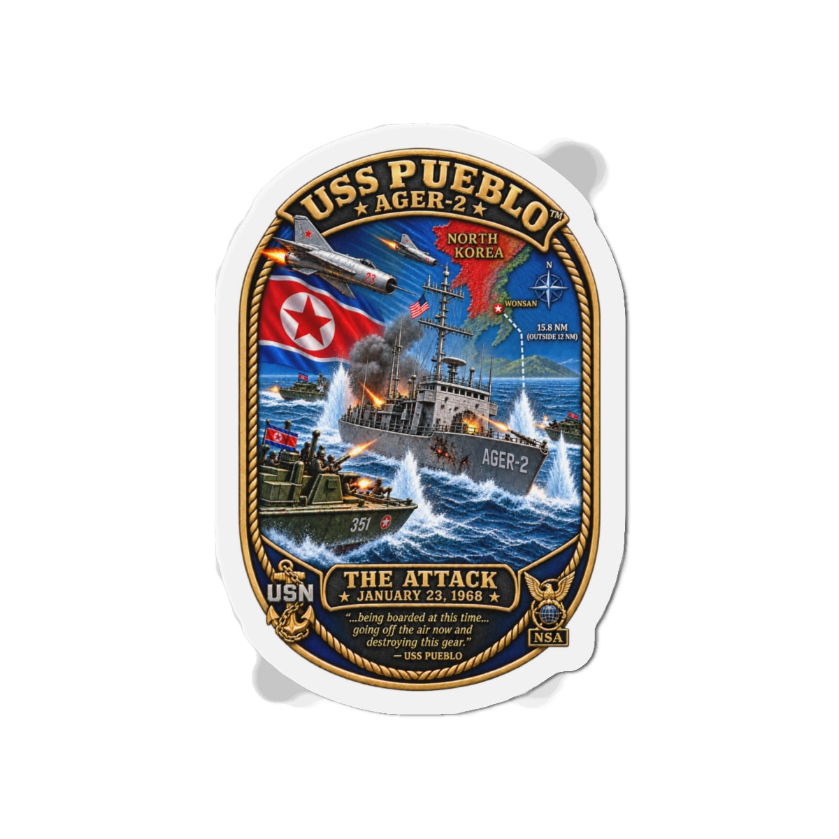 Die-Cut Magnet - Navy - USS Pueblo Attack-Defense Commemorative Patch - 3D - Enhanced
