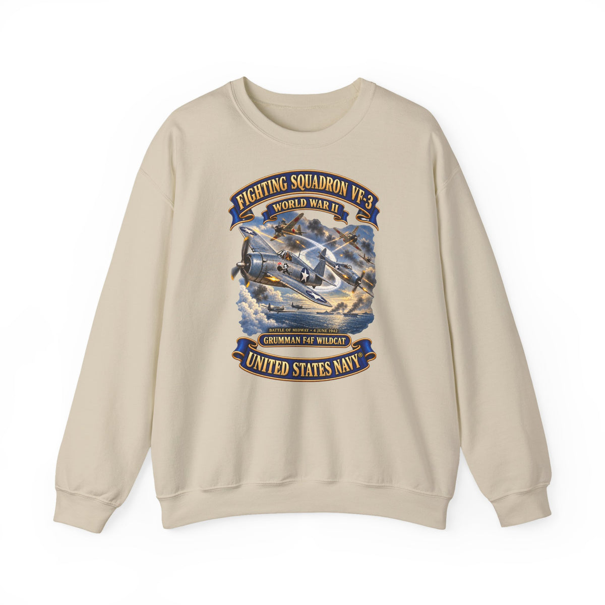 Unisex Heavy Blend™ Crewneck Sweatshirt -  Navy - Fighting Squadron - VF 3 - WWII - Grumman F4F Wildcats - Japanese Zeros - Battle of Midway - 3D - Enhanced
