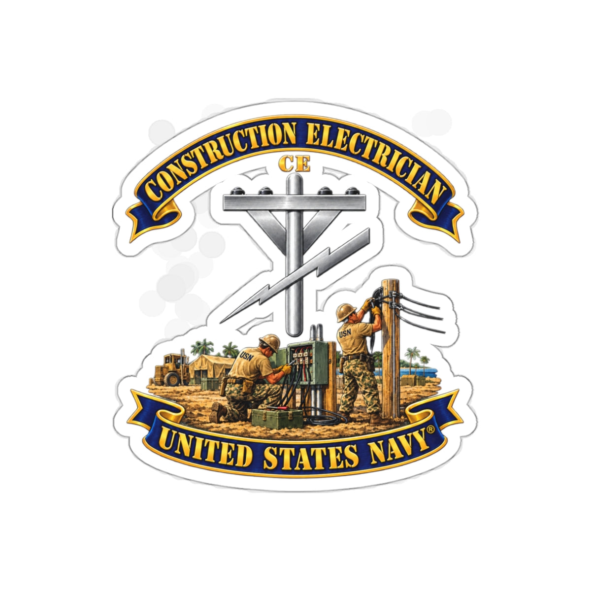 Die-Cut Vinyl Sticker - Navy - Rate - Construction Electrician (CE) with Scene - 3D - Enhanced