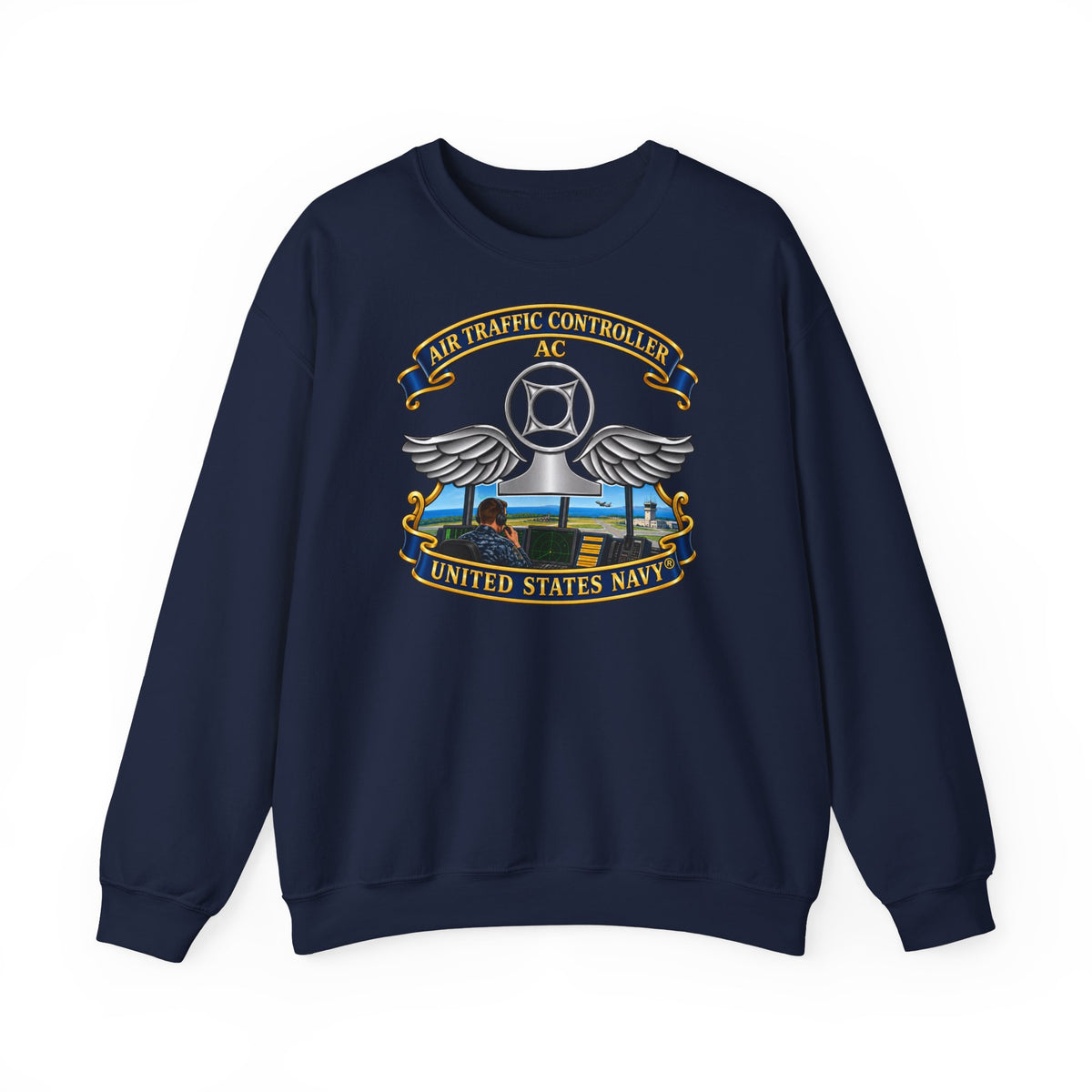 Unisex Heavy Blend™ Crewneck Sweatshirt -  Navy - Rate - Air Traffic Controller (AC) - with Scene - 3D - Enhanced
