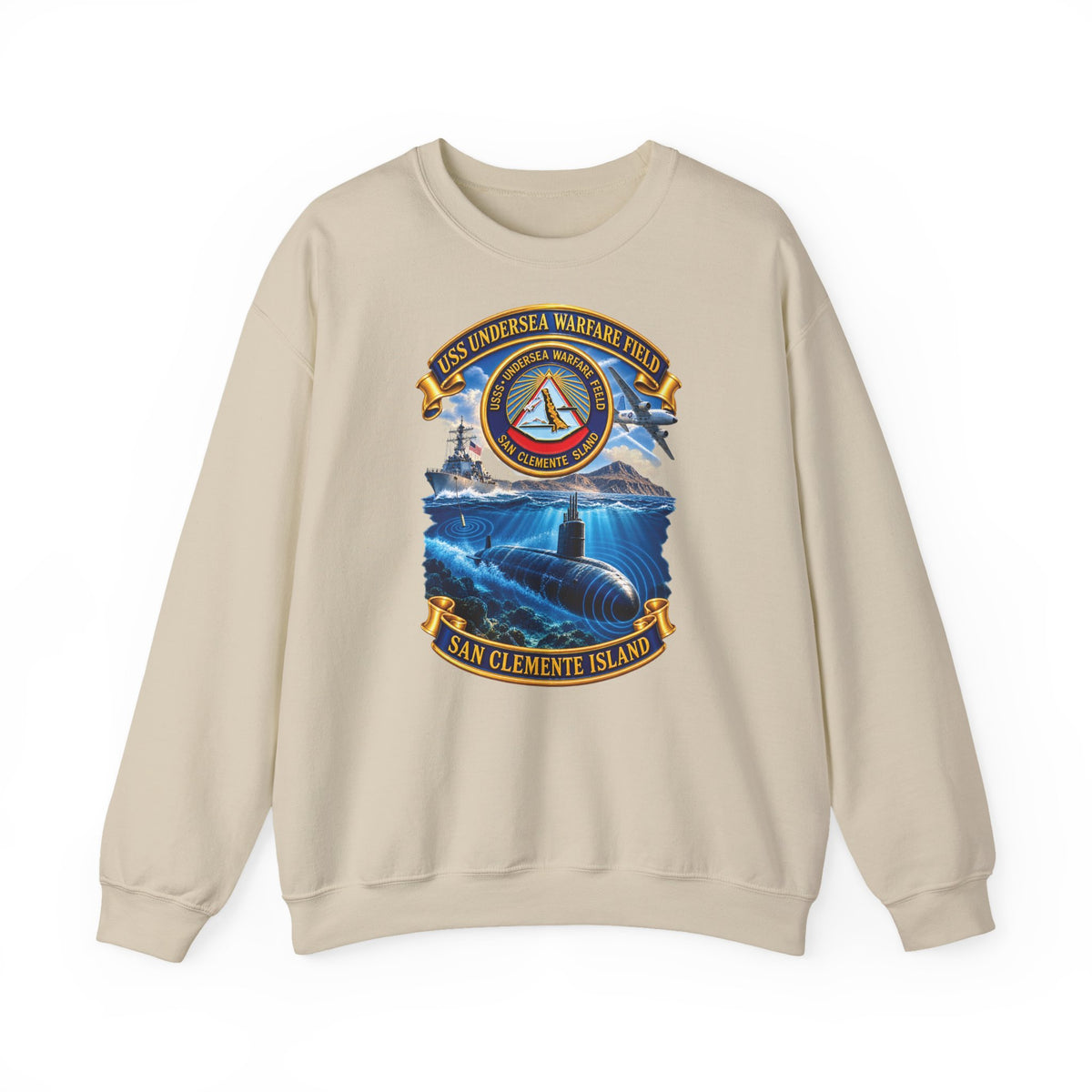 Unisex Heavy Blend™ Crewneck Sweatshirt - NAVY - USS Undersea Warfare Field - San Clemente Island - Crest - w scene - 3D - Enhanced