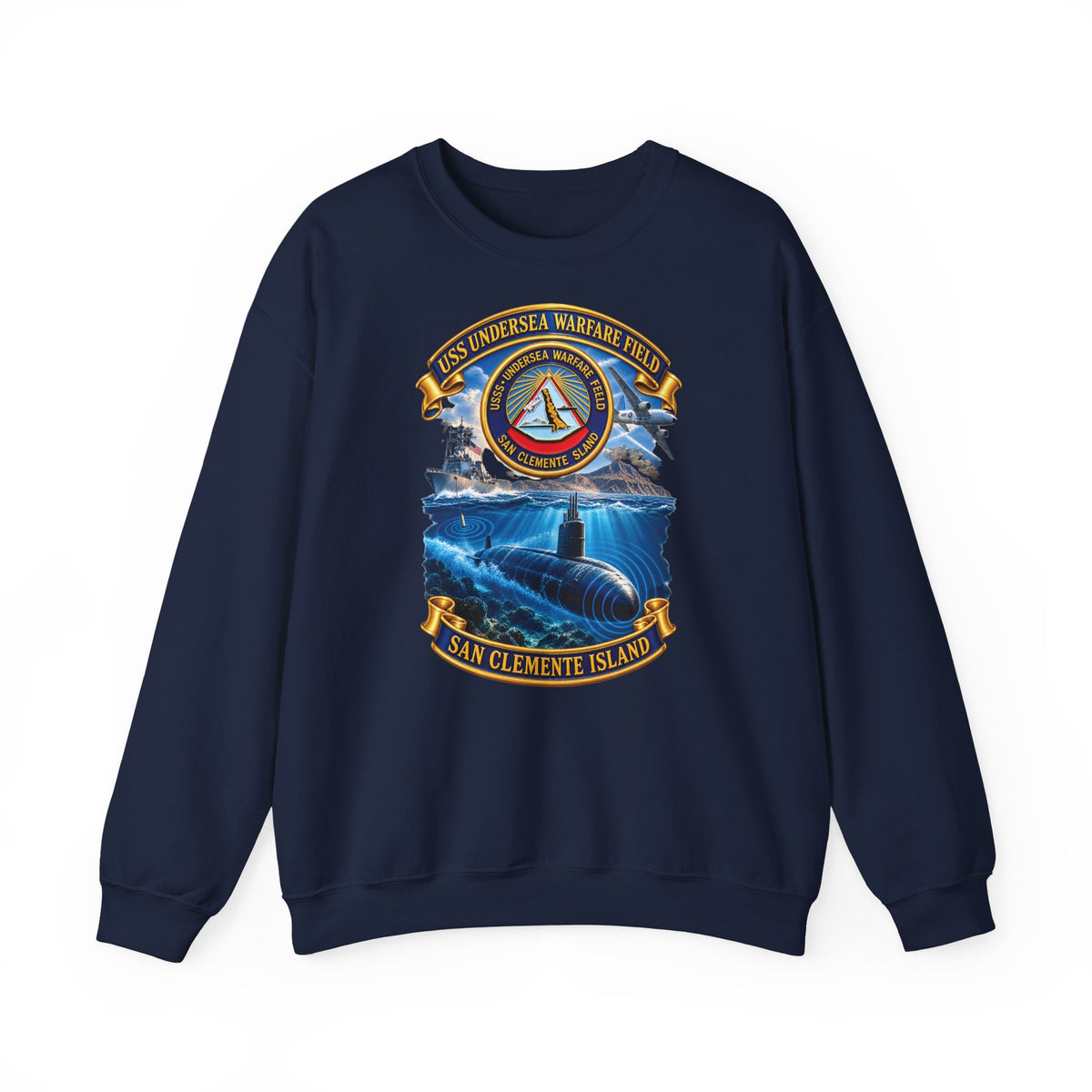 Unisex Heavy Blend™ Crewneck Sweatshirt - NAVY - USS Undersea Warfare Field - San Clemente Island - Crest - w scene - 3D - Enhanced