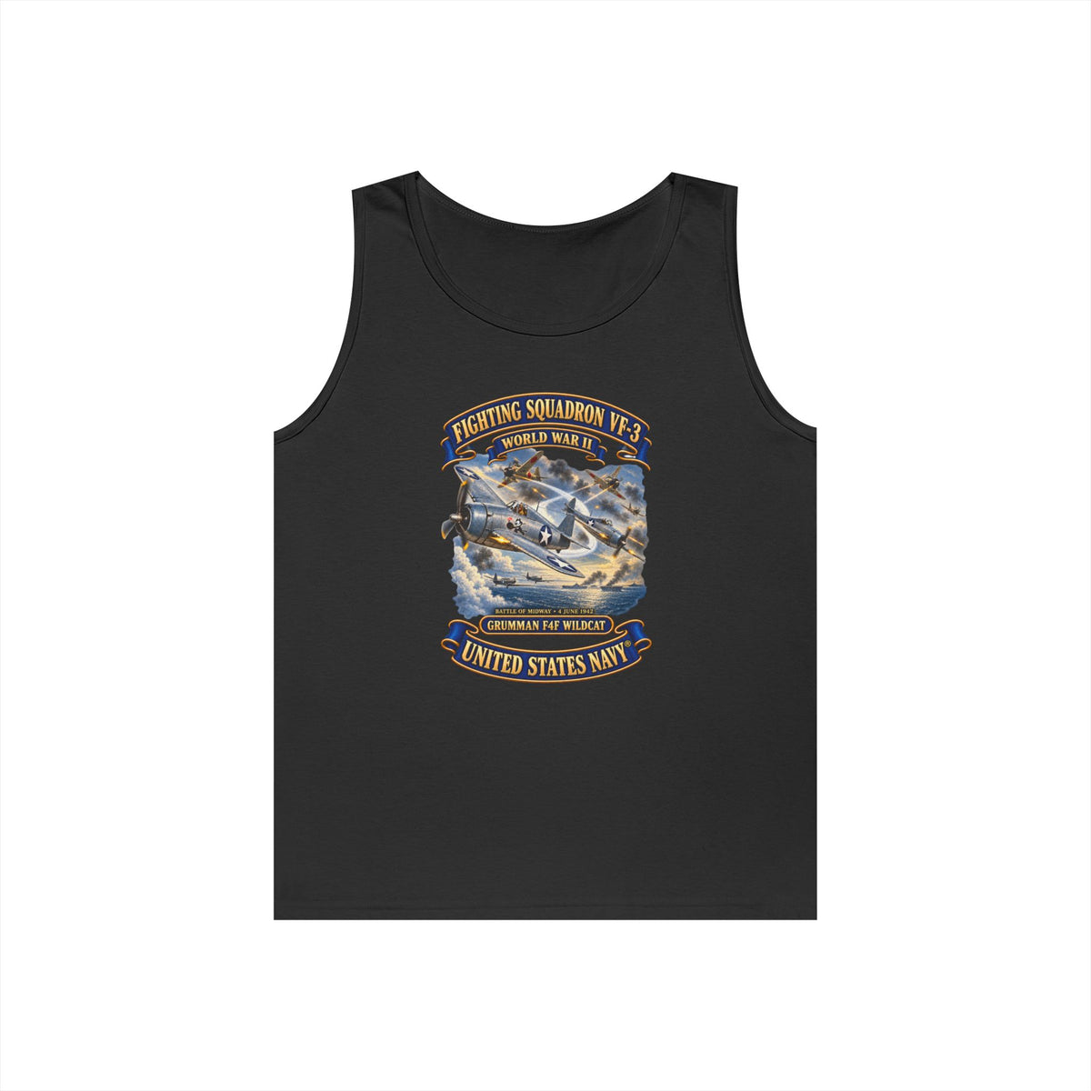 Unisex Heavy Cotton Tank Top - Navy - Fighting Squadron - VF 3 - WWII - Grumman F4F Wildcats - Japanese Zeros - Battle of Midway - 3D - Enhanced