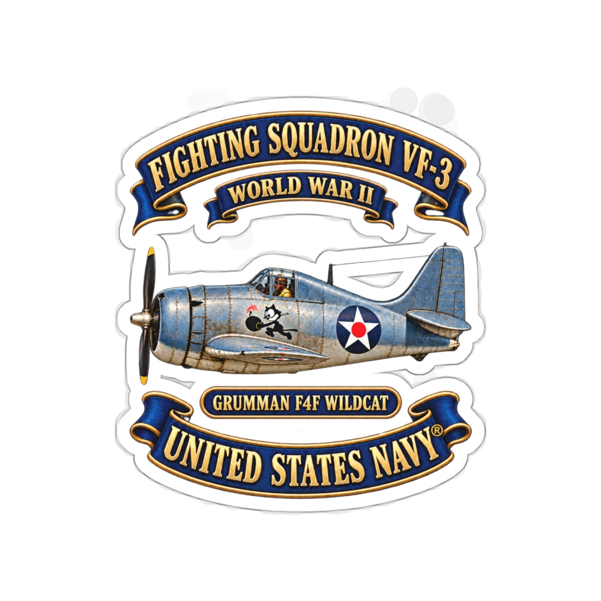 Die-Cut Vinyl Sticker - NAVY - Fighting Squadron - VF 3 - WWII FELIX Insignia - Grumman F4F Wildcat - 3D - Enhanced