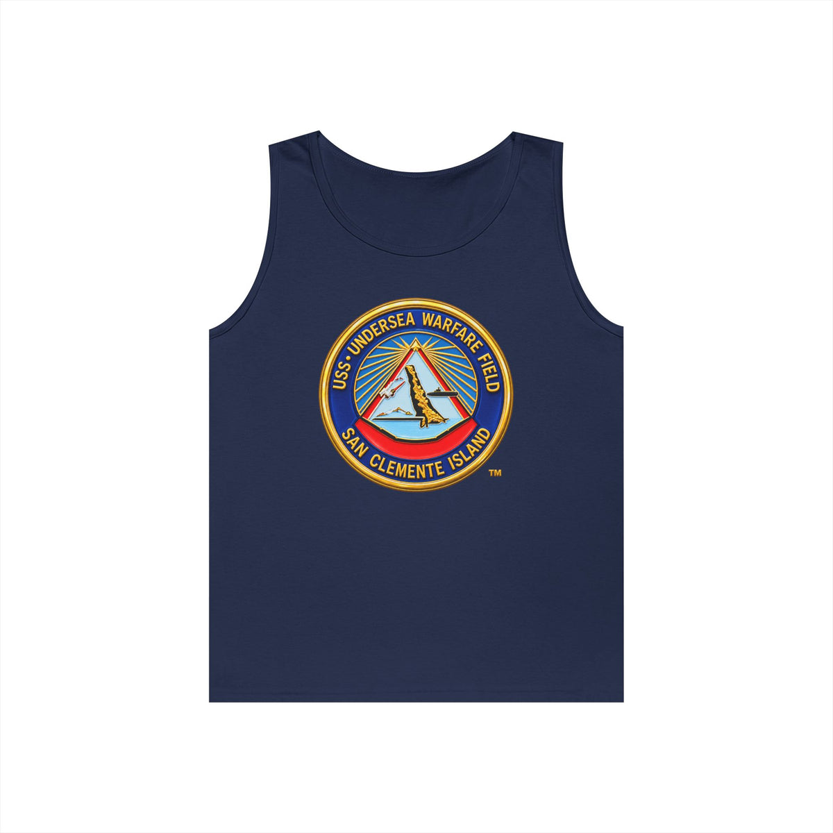 Unisex Heavy Cotton Tank Top - Navy - USS Undersea Warfare Field - San Clemente Island - Crest - 3D - Enhanced